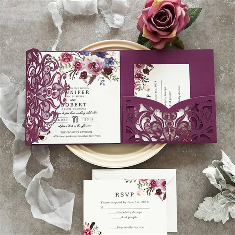  10 Pieces Tri-Fold Laser Cutout Openwork Flower Wedding Invitation Card Set Postcard High-end Busin - 32954846240