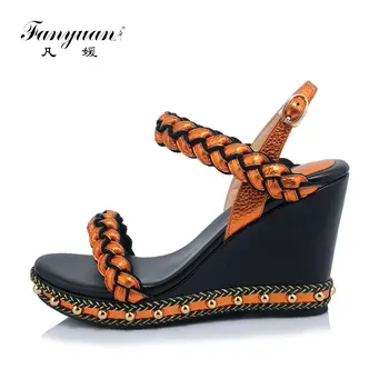 

Fanyuan Wedges Sandals For Women Retro Open Toe Ankle Platform Beach green Sandals Plus Size Weave High Heels Buckle-Strap shoes