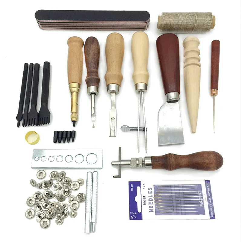 Image 19Pcs Leather Craft Punch Kit Stitching Carving Working Sewing Saddle Groover DIY Drilling Grinding Needle Buckle Tool