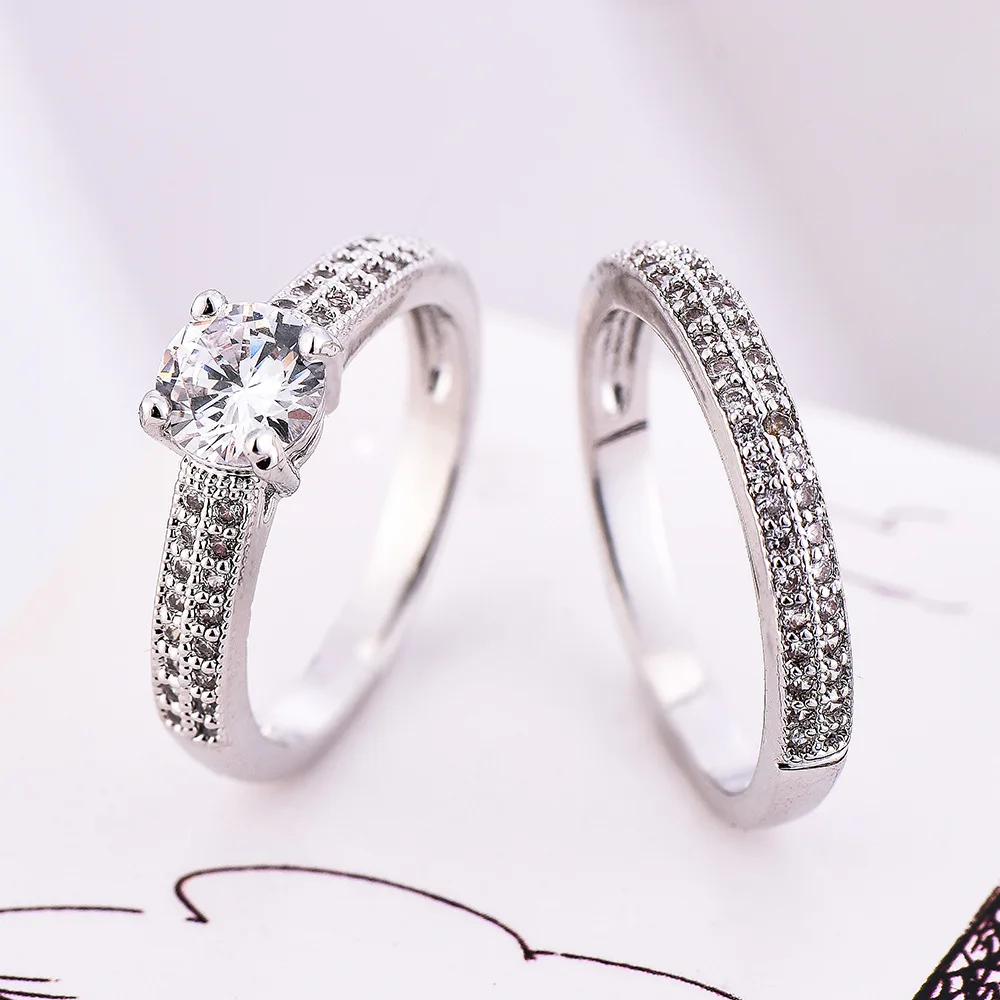 Elegant Wedding Engagement Rings Set 2 PCS 925 Silver Anniversary Accessories With Full Shiny Cubiz Zircon Stone for Femme