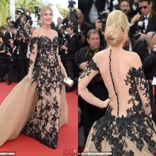Роскошное с длинными рукавами черные платья знаменитостей с кружевами 68th Cannes фильм Фестиваль Сексуальная Оболочка Формальное вечернее платье пуговицы vestidos