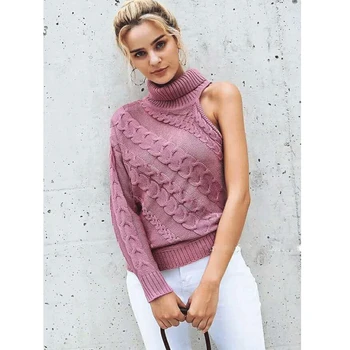

Women Loose Long Sleeve Sweater Knitted One 0ff Shoulder Turtleneck Sweaters Outwear Knitwear Winter Warm Tops