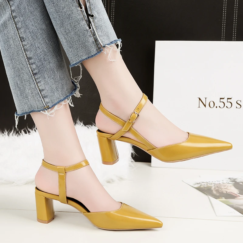 

2018 Woman Block High Heels Sandals Cute Yellow Pumps Mules Thick Heels Female Heels Lady Strap Sexy Nude Med Heels Party Shoes