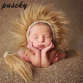 

Puseky Lion Forest King Animal Hat Newborn Infant Boy Girl Beanie Cap Knit Hat and Tail Set Beanie Costume Photography Prop
