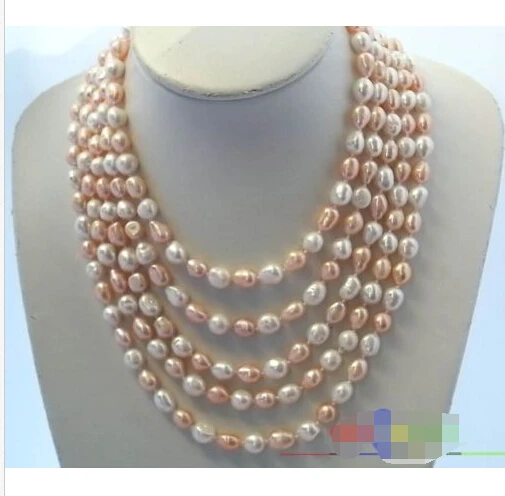 

Free shipping >>>>>>LONG 80" 10MM WHITE PINK BAROQUE FRESHWATER CULTURED PEARL NECKLACE p816