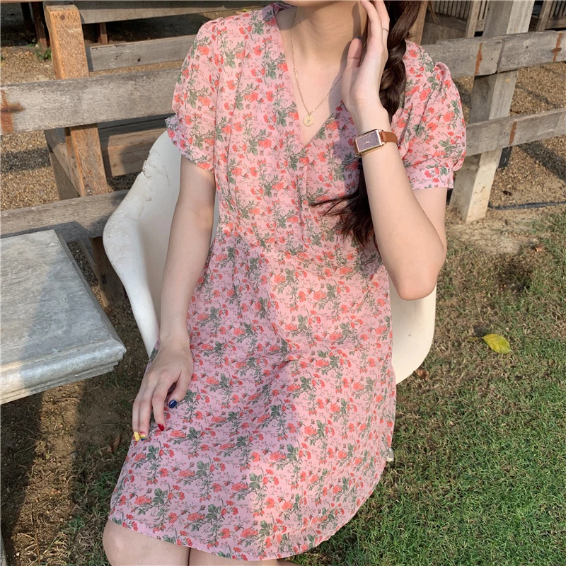 

Women's Lovely Dresses Chic Ins Kawaii V-neck Slim Puff Sleeve Floral Dress Girl Sweet Korean Punk Clothe For Women Office Beach