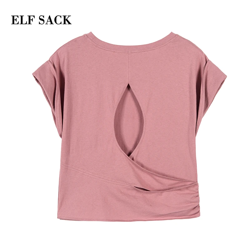 ELFSACK, сексуальные однотонные женские футболки, летние женские футболки с круглым вырезом, повседневные хлопковые футболки, Женская Базовая одежда высокого качества
