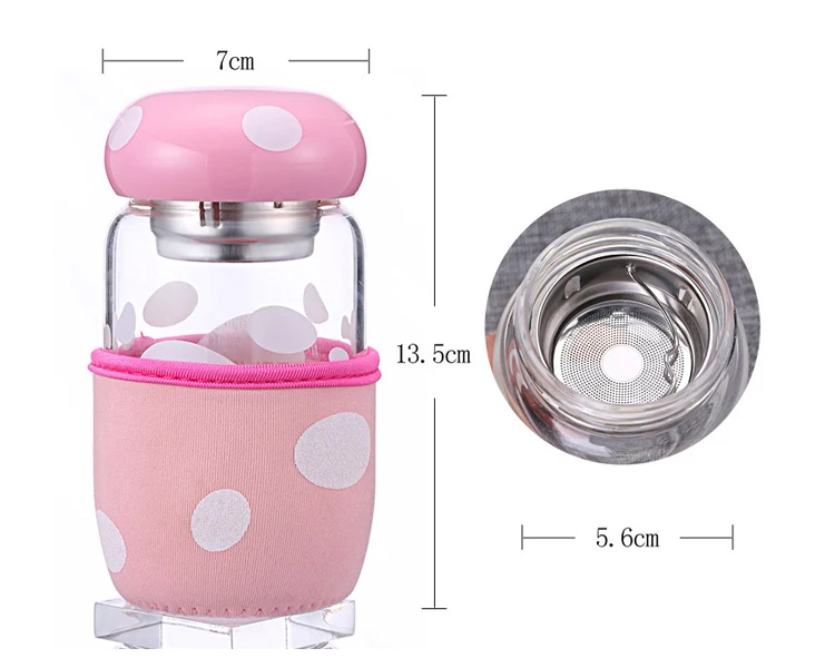 300ml Creative Glass Water Bottle Mushroom Design with Filter Mini Glass Water Bottle Portable Juice Milk Cups with Cover Lovely Gifts for Girls (10)