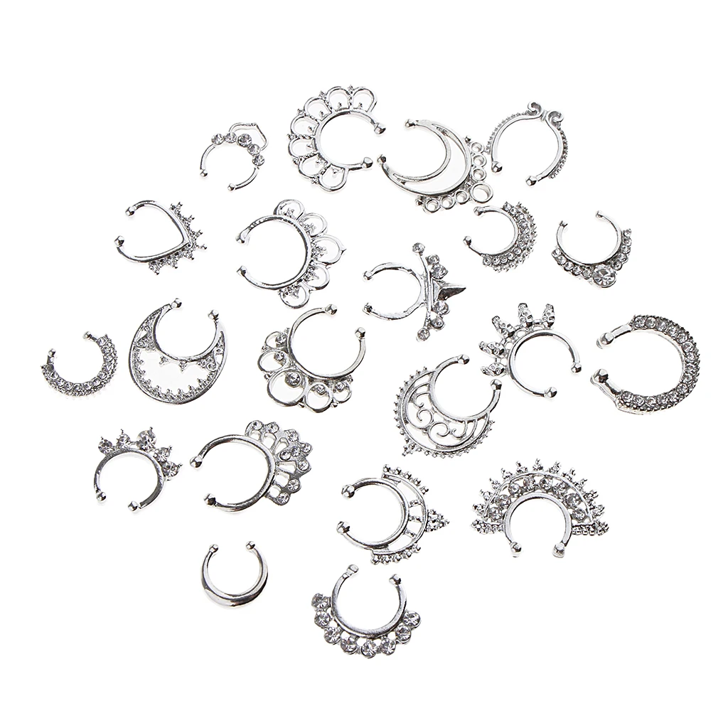 21 Pieces Crystal Fake Septum Clicker Nose Ring Non-piercing Assorted Shape Illusion Piercing Nose Ring Loop