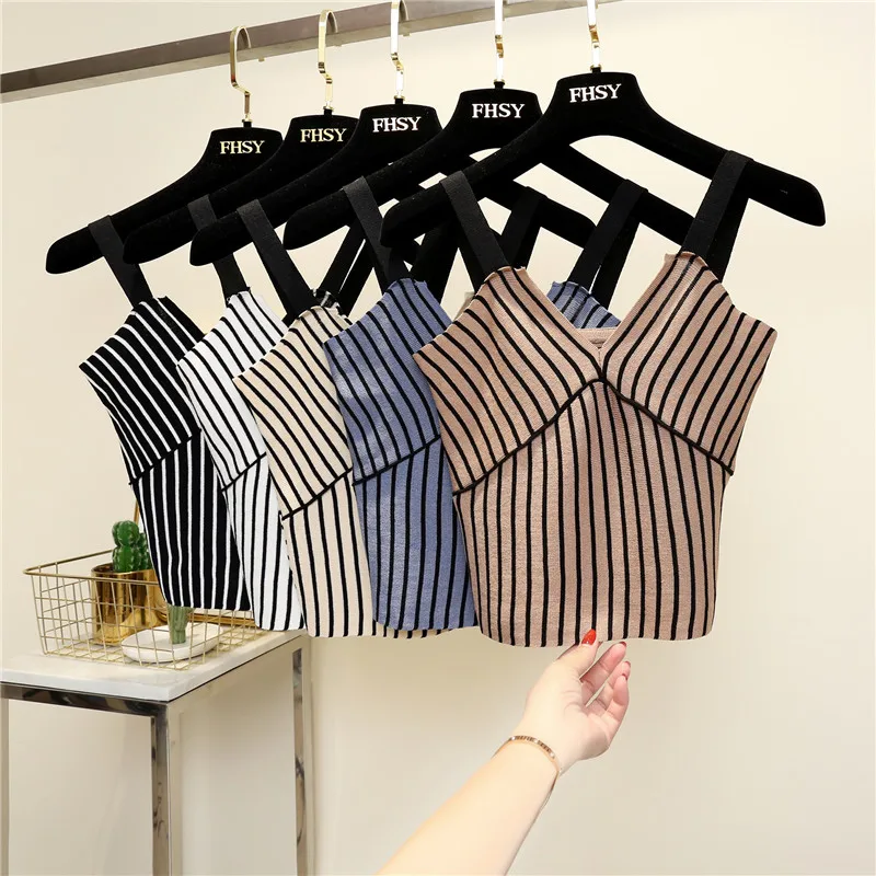 

Crop Top Fashion Women Tank Tops Sexy Knit Stripe Camisole Female V Neck Sleeveless Vest Stretch Femme Camis 2019 Summer Shirt