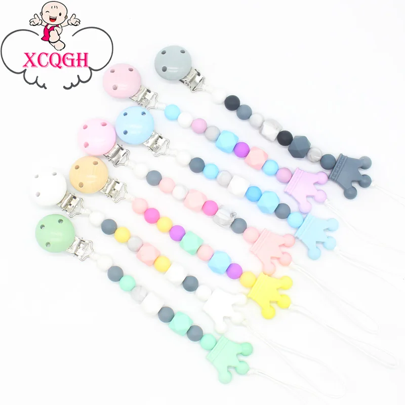XCQGH Silicone Beads Wood Baby Pacifier Clip Teether Chew Toy Dummy Nipple Teethers Clip Holder Baby Shower Gift