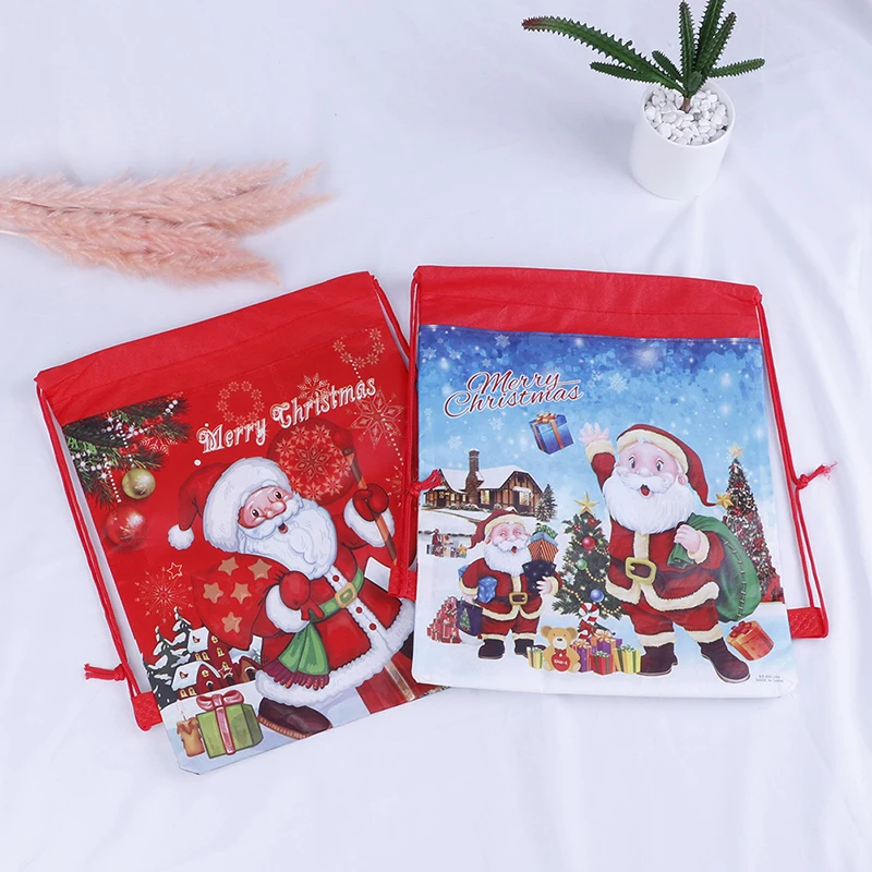 1pc Santa Claus Drawstring Candy Bag Christmas Gift Kids New Year Gifts Holders Bag Red Blue Color Home Xmas Party Favor