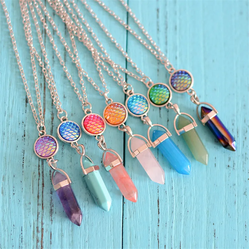 

New Natural Really stone Pendants Necklaces For Women Silver Color Mermaid Scales Fish Scale Hexagonal Column Choker Necklace