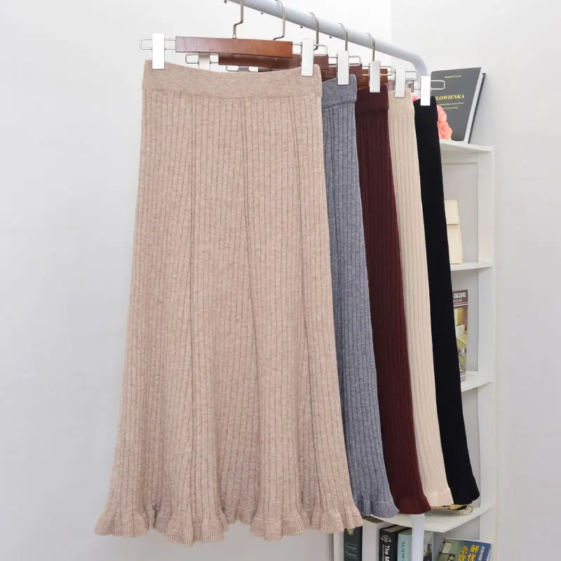 

Women Kniting Skirt Autumn Winter New High Waist Temperament Ruffles long All Match A-Line Skirt Pleated Skirt Wool Skirt A150