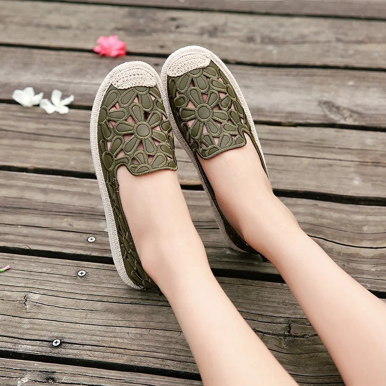 Swonco Для женщин ботинки на плоской подошве Вышивка Рыбак женской обуви Женская обувь весна-лето Cut Out выдалбливают Повседневная обувь - Цвет: Green