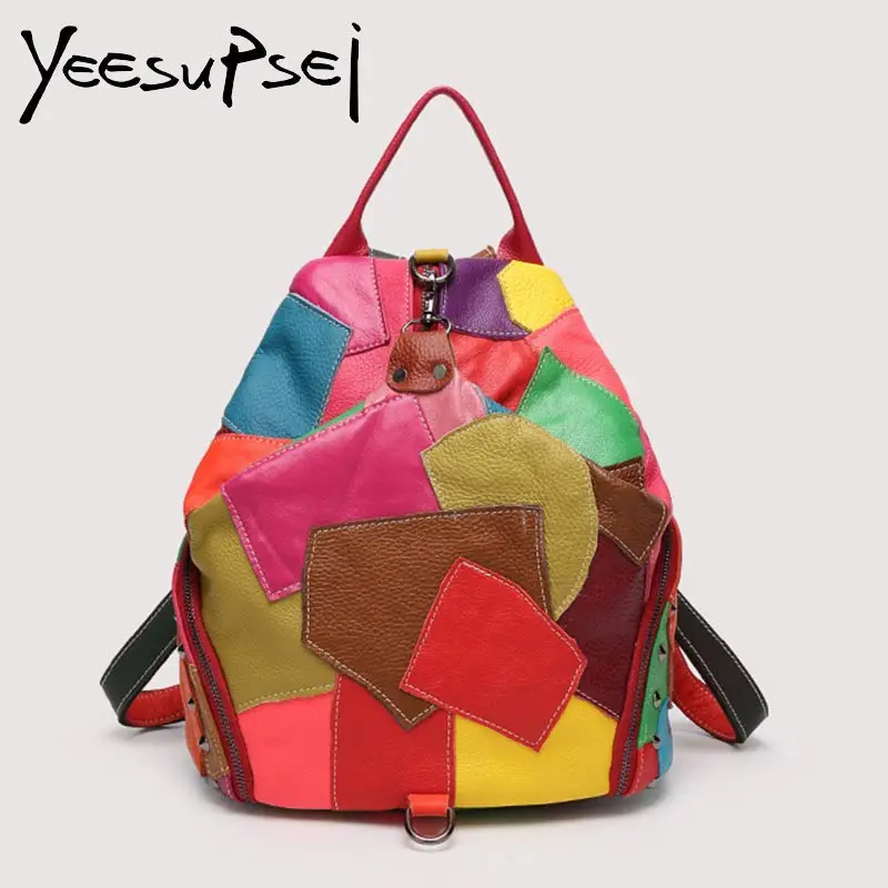 

YeeSupSei Genuine Leather Backpack Girl Women Small Fashion Backpack Colorful Stitching Squares Lady School Bag Female Mochila
