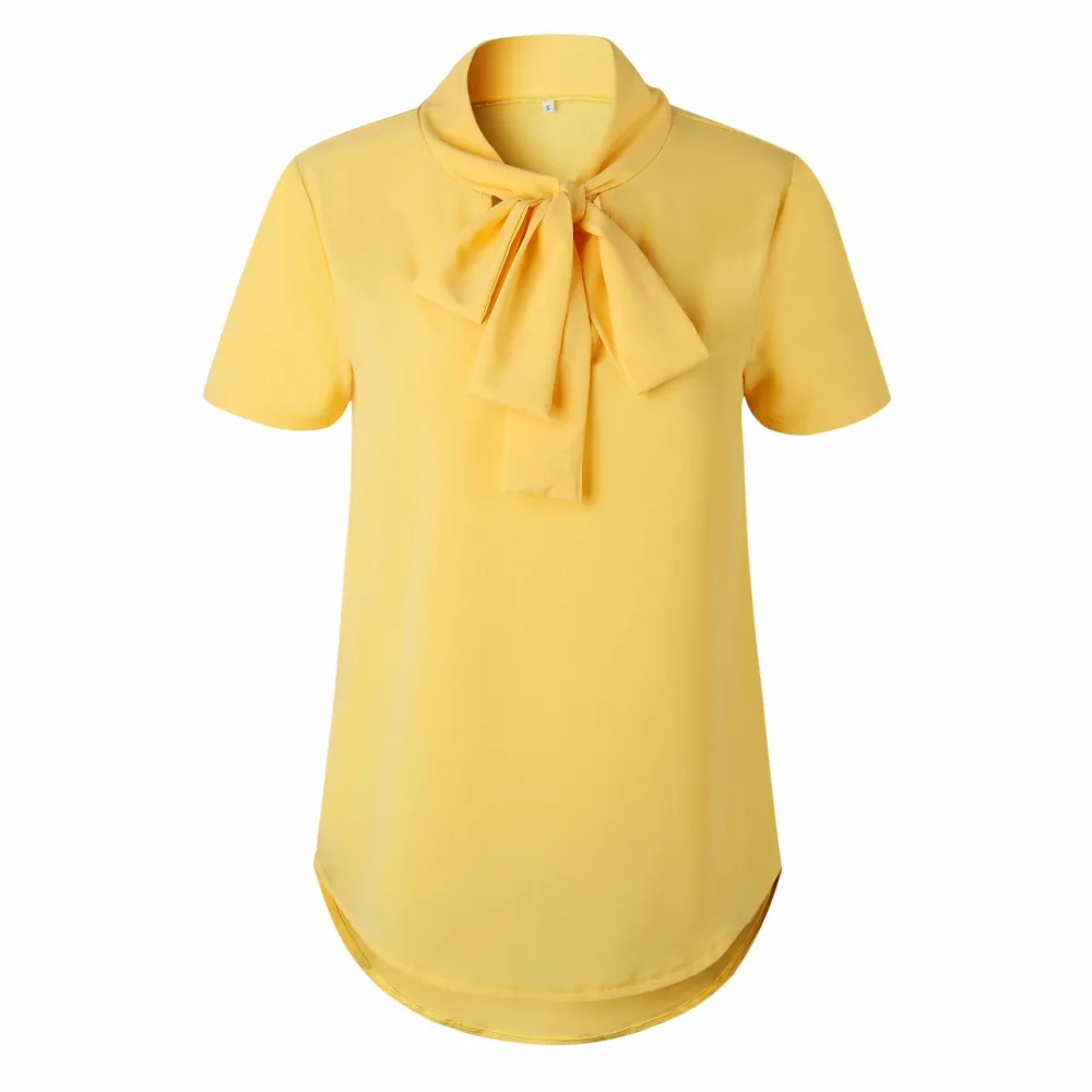 SINFEEL Blouses For Women Summer Tops Short Sleeve Bow Tie Casual Chiffon Blouse Female Work Wear OL Office Shirts Chemise Femme