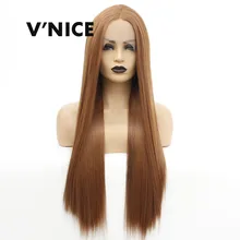 V'nice длинные прямые Glueless синтетические кружева спереди темно-рыжий парик средний пробор термостойкие Замена парики для женщин