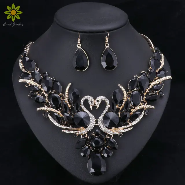 Black Crystal Bridal Jewelry Sets Gold Color Swan Pendant Necklace ...