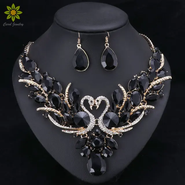 Black Crystal Bridal Jewelry Sets Gold Color Swan Pendant Necklace Black Crystal Bridal Jewelry Sets Gold Color Swan Pendant Necklace Women Gift Party Wedding Prom