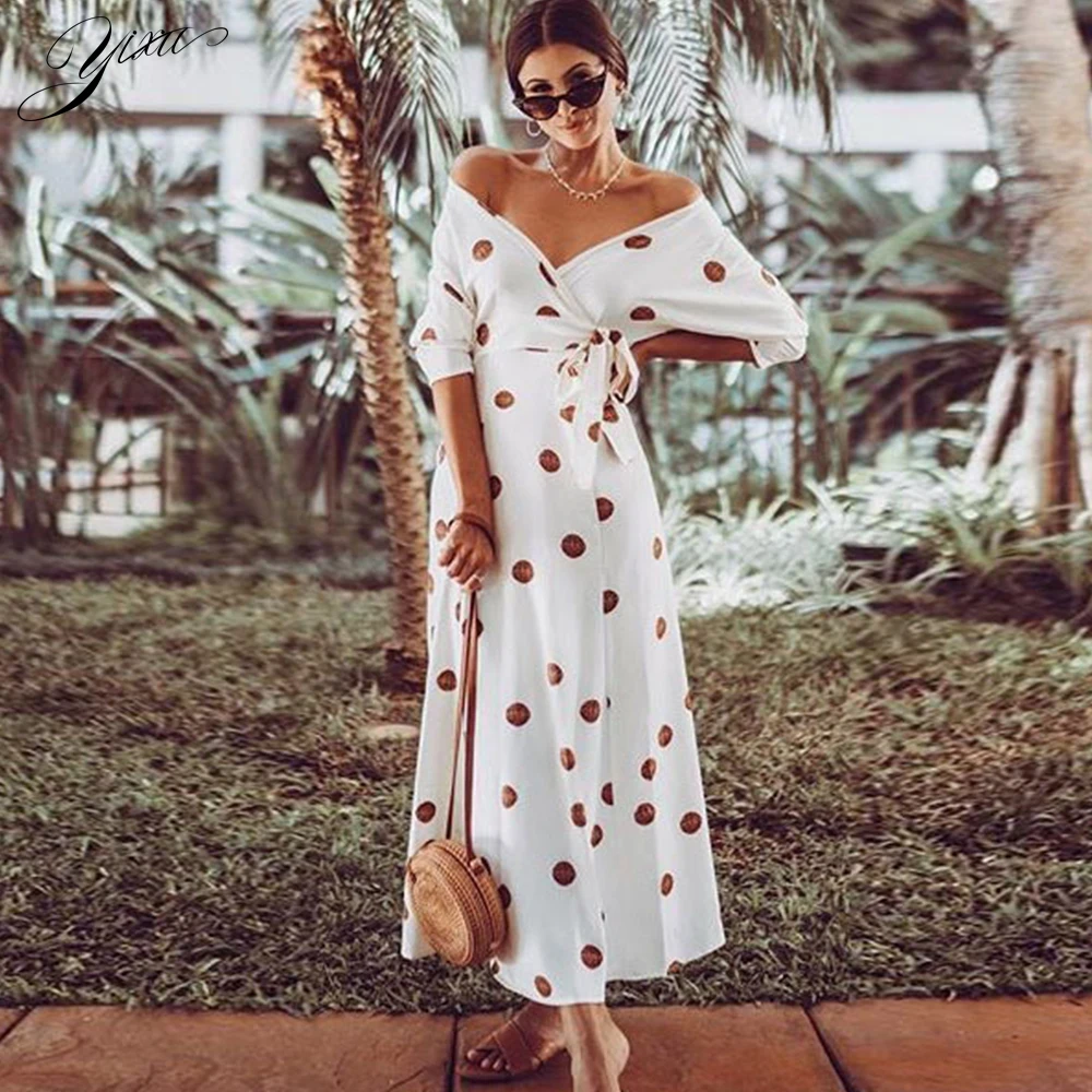 

Hot Woman Summer White Dress Off-shoulder Ladies Elegant Long Dress Dot Print Sash Waisted Female Casual A-line Dresses