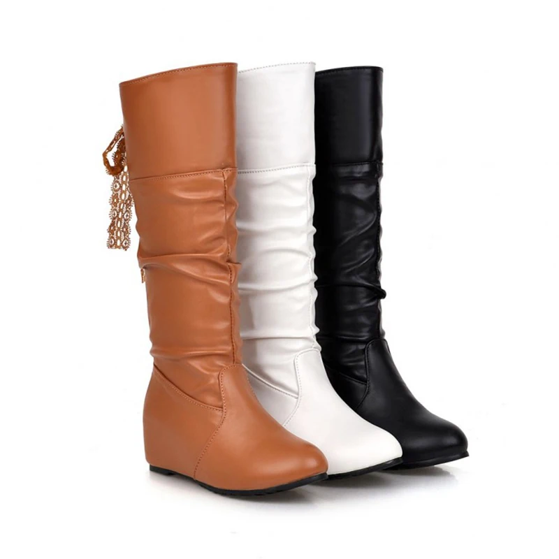 

2017 New Women Shoes Hidded Wedge Platform Middle Boots Slip-on Lace Knight Motorcycle Boots Bota Feminina