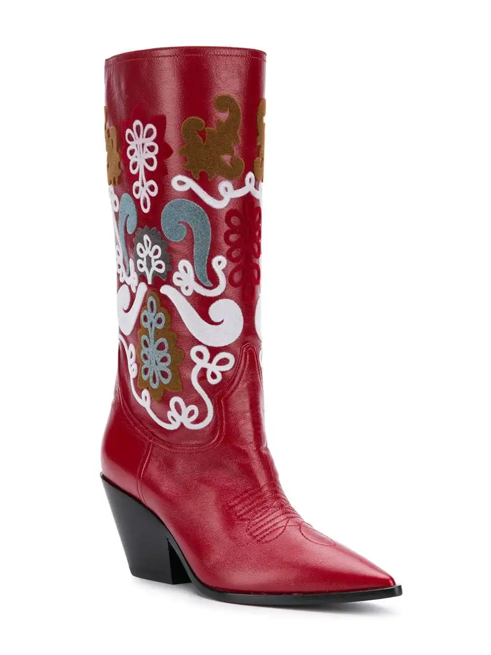 

2018 European American autumn winter model catwalk show pointed toe chunky heel half boots genuine leather floral women's boots