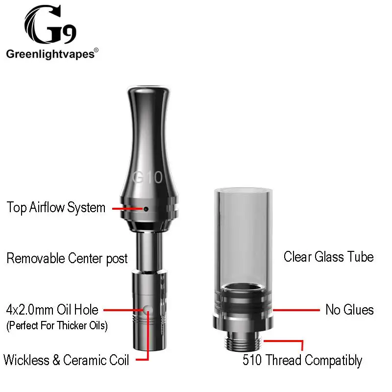 Greenlightvapes G10 Ceramic Atomizer Thick Oil Cbd Vape Pen 1ml 510 Thread Refillable Cartridge Empty Tank Electronic Cigarette