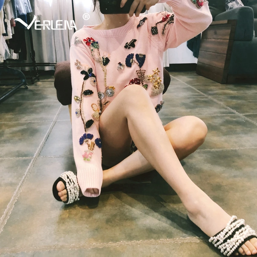 

Verlena Hot Autumn 2018 Charm Pink Jumper Artificial Beading Long Sleeve O-Neck Winter Sweater Women Shiny Rhinestone Pullover