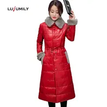 Lusumily Роскошная элегантная женская зимняя кожаная куртка со съемным воротником из меха норки, длинное пальто, женские тонкие куртки, верхняя одежда, женские пальто