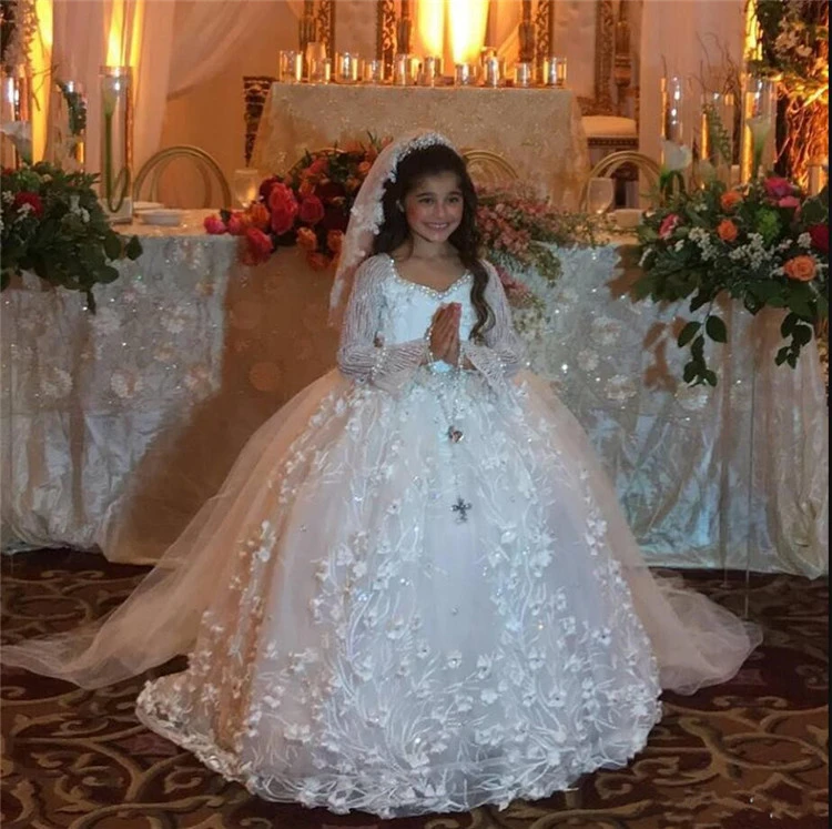 2020 de lujo con cristales de pedrería de perlas apliques florales hechos a mano vestido de niña de flores para boda hecho medida Longo|Vestidos floreados de niña| -