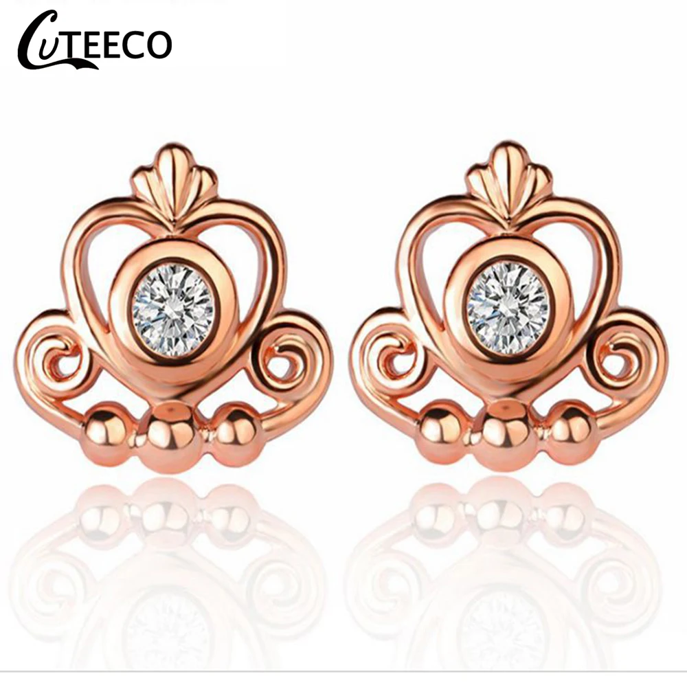 

CUTEECO 2019 Rose Gold Silver Color Crown Stud Earrings for Women Clear CZ Heart Brand Earrings Female Wedding Jewelry