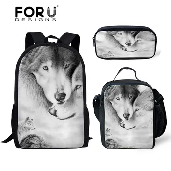 

FORUDESIGNS Children School Bags Backpack for Teenagers 3pcs/set Wolf 3D Print Schoolbag Kids Primary Book Bags Mochila Escolar