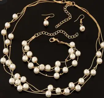 Искусственный жемчуг, ювелирный набор, искусственный жемчуг, двойной слой, женские серьги, ожерелье, браслет, наборы для свадьбы