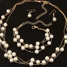 Искусственный жемчуг, ювелирный набор, искусственный жемчуг, двойной слой, женские серьги, ожерелье, браслет, наборы для свадьбы