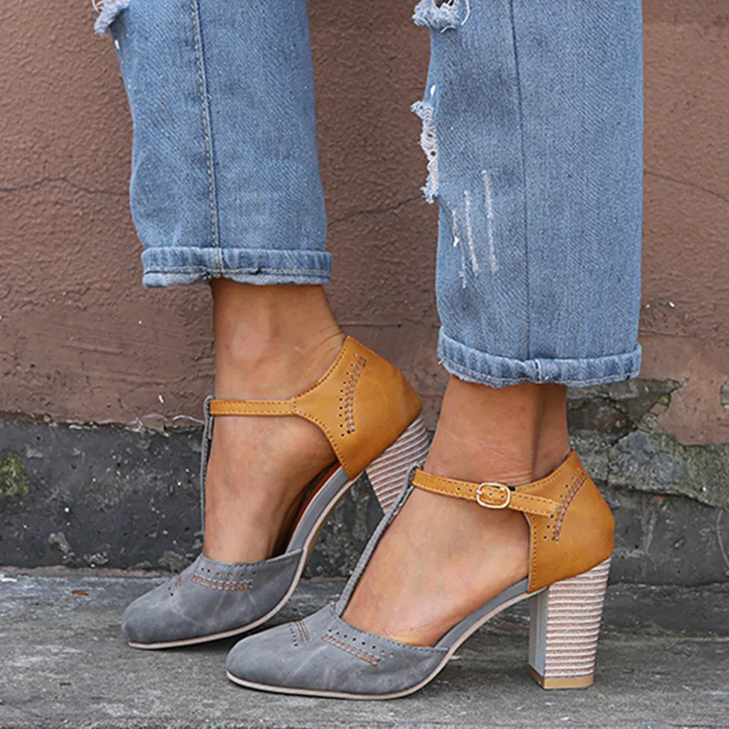 Модные сандалии женские сандалии с пряжкой модные Римский круглый носок сандалии на высоком каблуке женские сандалии лето г.#15