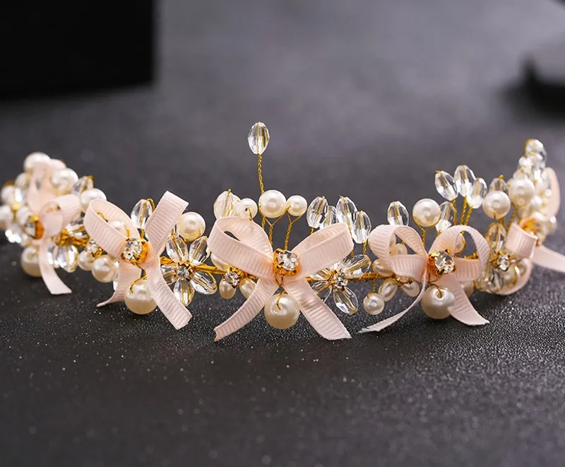 Кристалл жемчуг повязка на голову для невест Sweety золото свадебный головной цепи с бантами Красивые свадебные аксессуары SQ0266