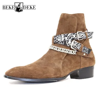 

Chelsea Boots Men Genuine Suede Leather British Style Pointed Toe Buckle Ankle Boots Designer Casual Chains Party Boots Big Size