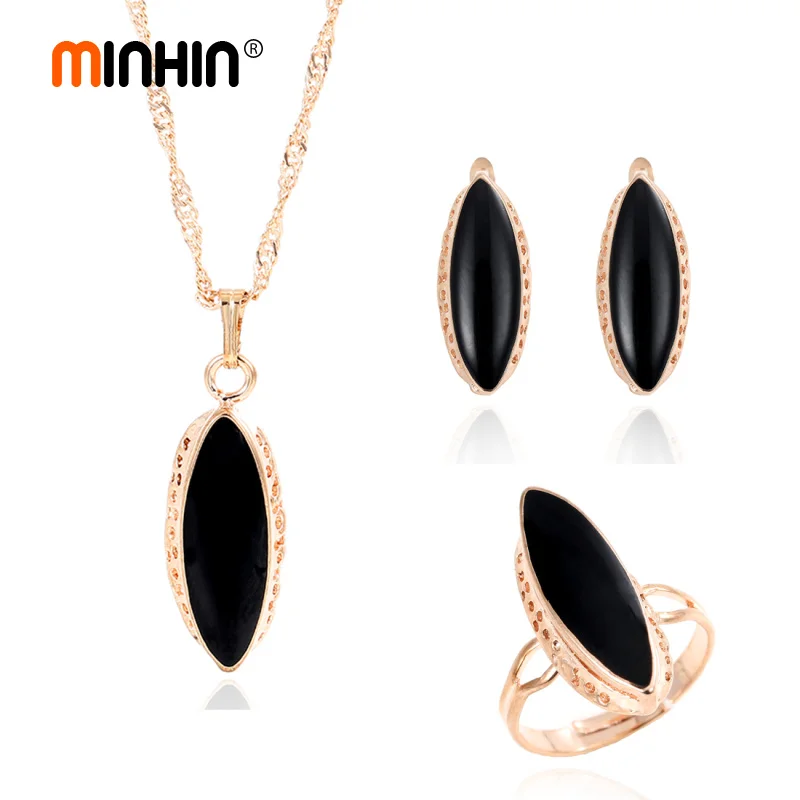 

MINHIN New Design Black Oval Pendant Decoration Earring Ring 3 Pcs Jewelry Set Golden Plated Accessory For Girl