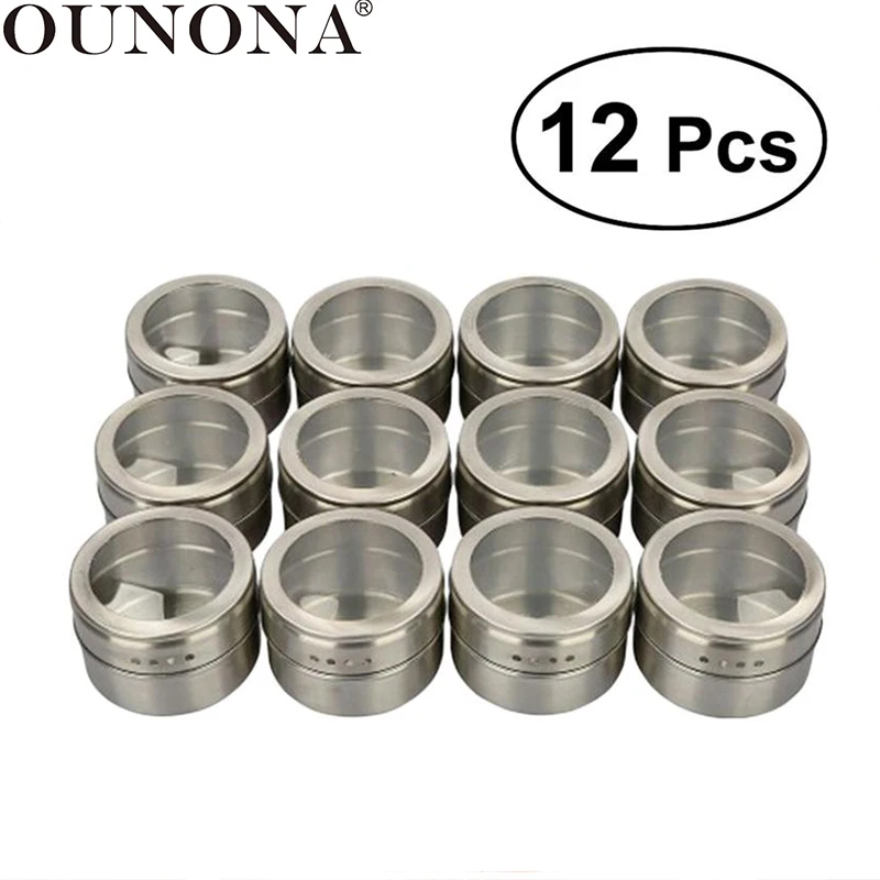 

OUNONA 12Pcs Multi-Purpose Spice Storage Tins Stainless Steel Magnetic Clear Top Lid with Sift Magnetic on Refrigerator & Grill