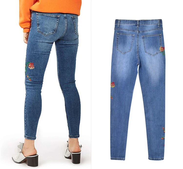 2017 European and American women's high waist elastic front and rear side of the cross embroidery roses washed cat to be cowboy pants pants pants (9)