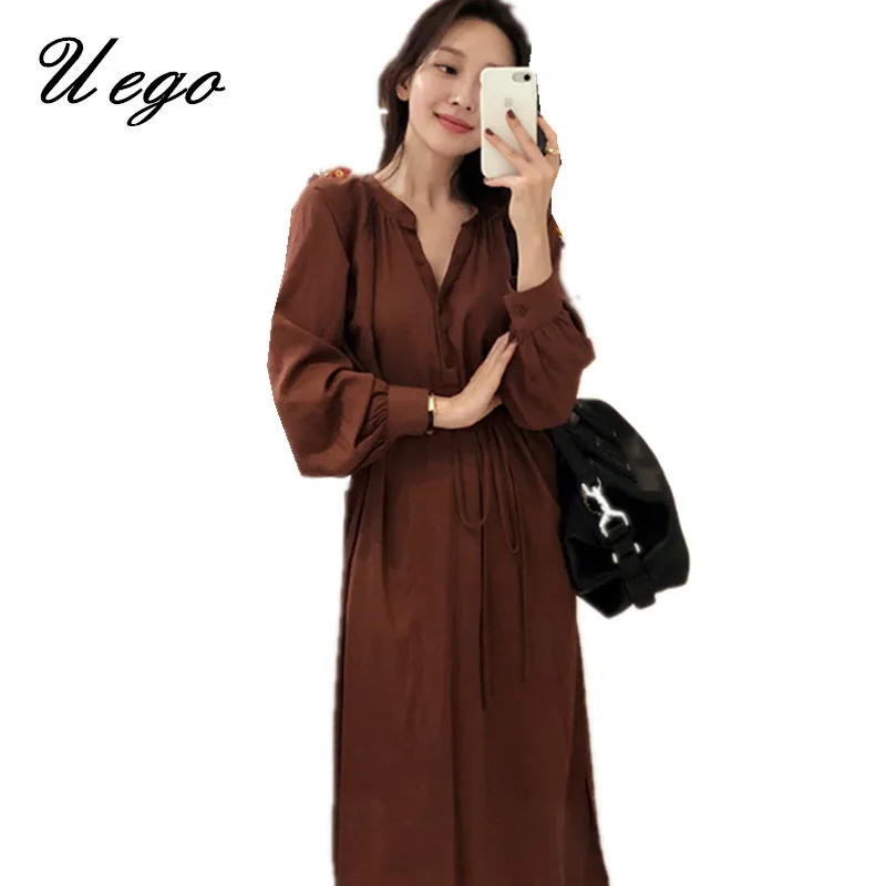 

Uego V-neck Button Long Shirt Dress Slim Waist Frosty style Loose Lady Dress Korean design Lazy Women Casual Midi Dress Vestidos