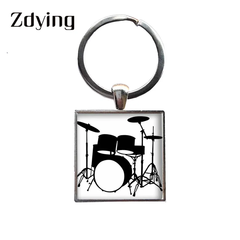 

ZDYING Guitar violin Drum piano Silhouette Keychain Square Shape Glass Cabochon Music instrument Pattern Key Chain Keyring TR002