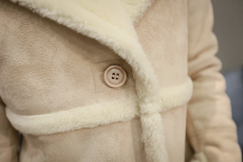 Зимняя женская длинная замшевая куртка с отворотом, теплое лоскутное пальто, женская Байкерская парка из овечьей шерсти