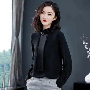 

2020 New Autumn Korean Loose Black Shirt Long Sleeve Shirt Collar Chiffon Ribbon blouse Shirt Top