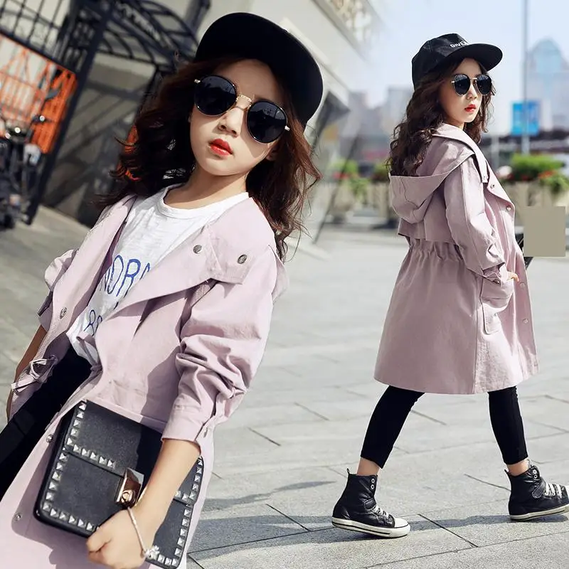 

2018 Toddler Girls Trench Coat Jackets Autumn New Fashion Preppy Style Hooded Windbreaker for Children Clothes Baby Kids Outwear