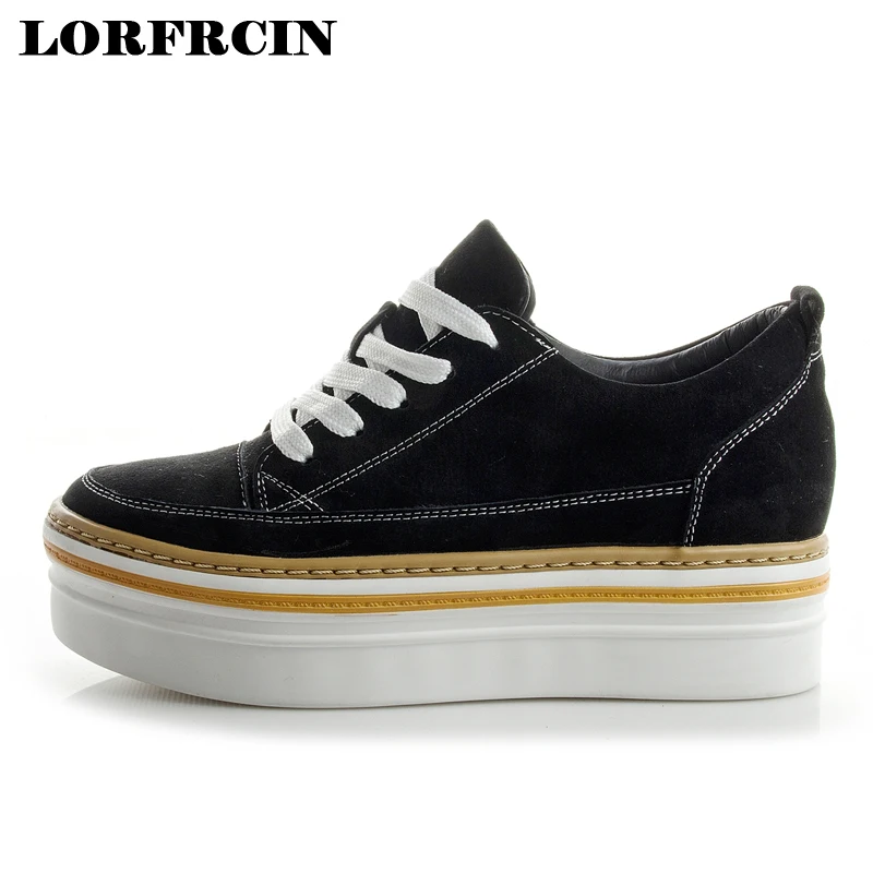 

Women's Casual Shoes Genuine Leather Flat Platform Shoes Woman Hidden Heel Sneakers For Ladies Thick Soled Lace Up Creepers 2018