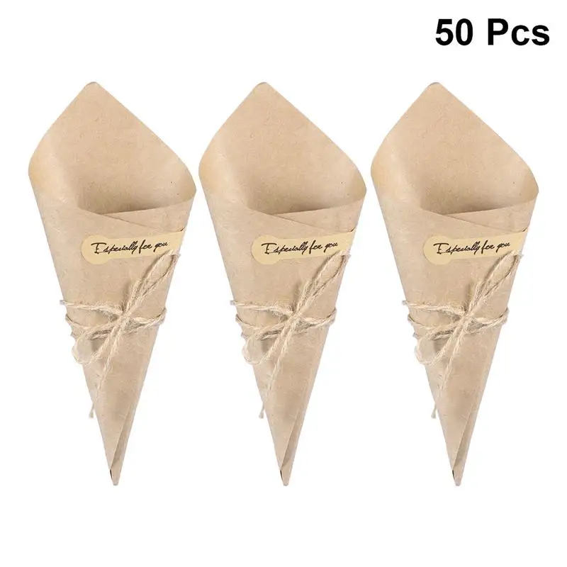 

Paper Gift Box 50PCS Kraft Paper Cones Ice Cream Flower DIY Bouquet Holder Candy Boxes Table Decor Wedding Gifts Party Supplies