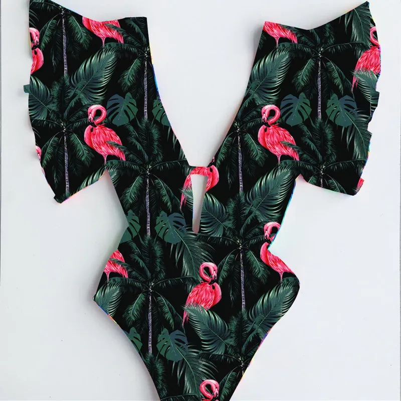 Сексуальный цельный купальник с глубоким v-образным вырезом, женский купальник с тропическим цветочным принтом, монокини с цветочным принтом, боди с оборками, купальный костюм - Цвет: ES19196G2