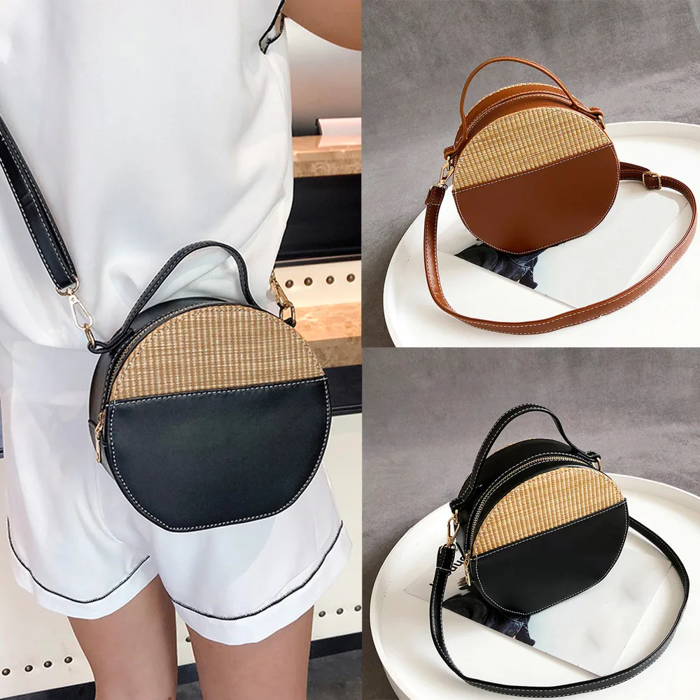 

Vintage ladies bag woven shoulder round bag straw handbag solid color Messenger bag Simple Weave Round Tote Dropship Y509